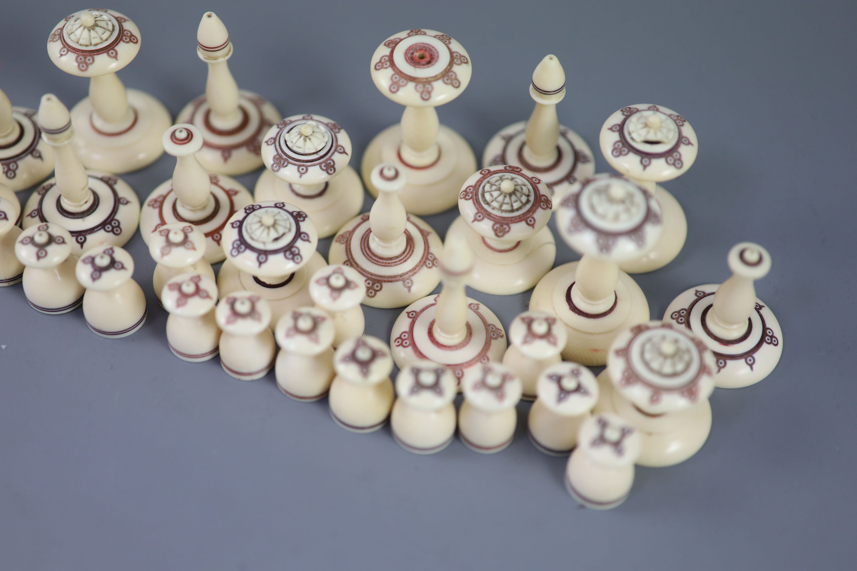 A 19th century Muslim ivory chess set, kings 2in.